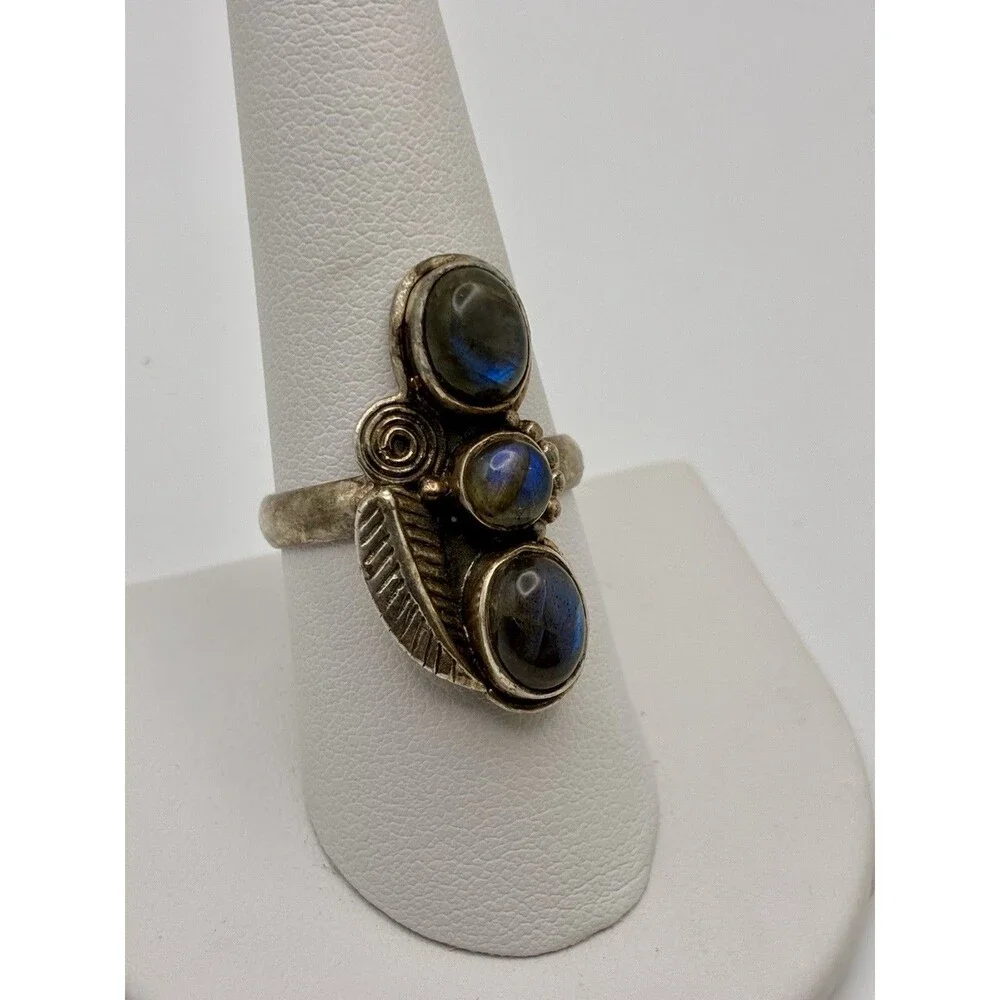 Triple Stacked Labradorite Feather Native American Style 6.2gStatement Ring Sz 9